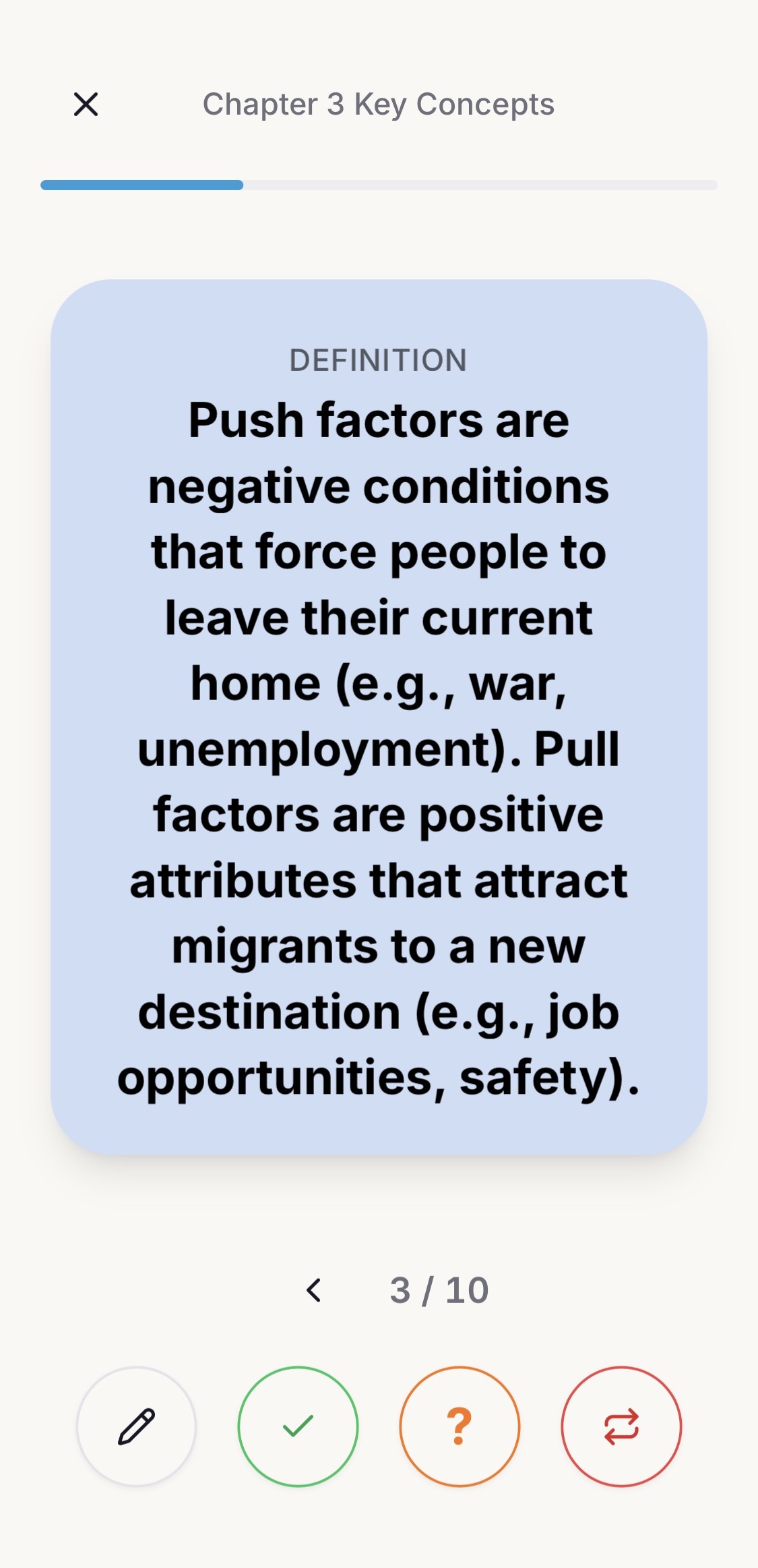 Capri Cards flashcard showing push and pull factors definition with spaced repetition rating buttons