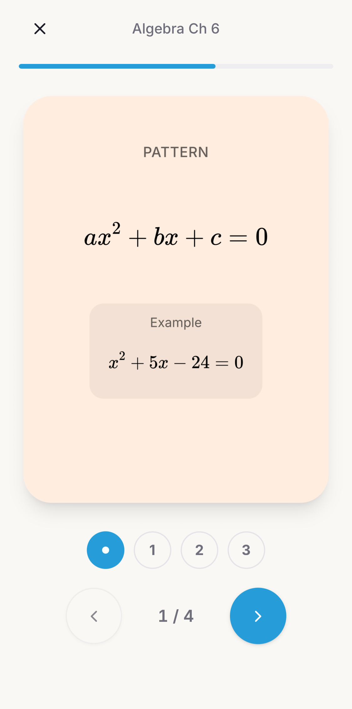 Algebra equation flashcard step 1