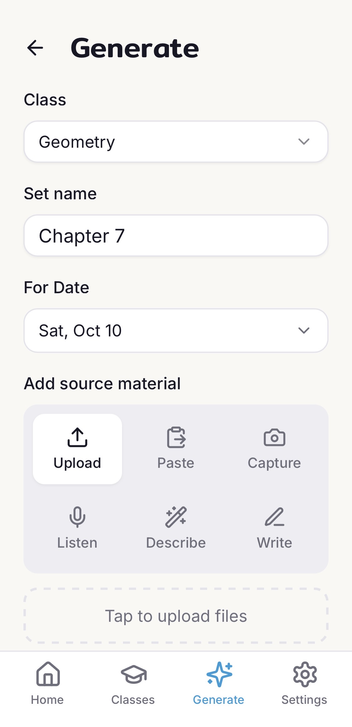Capri Cards Generate screen showing Class, Set name, and source material options