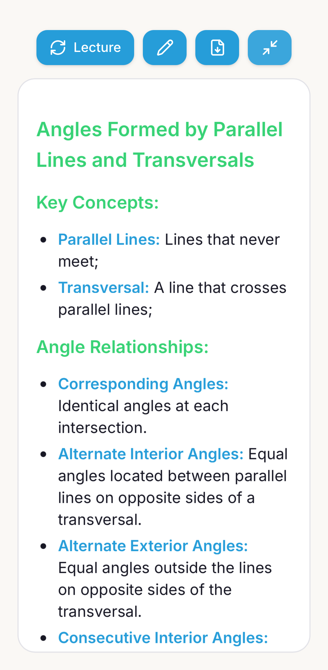 AI notes view in Capri Cards showing organized study notes