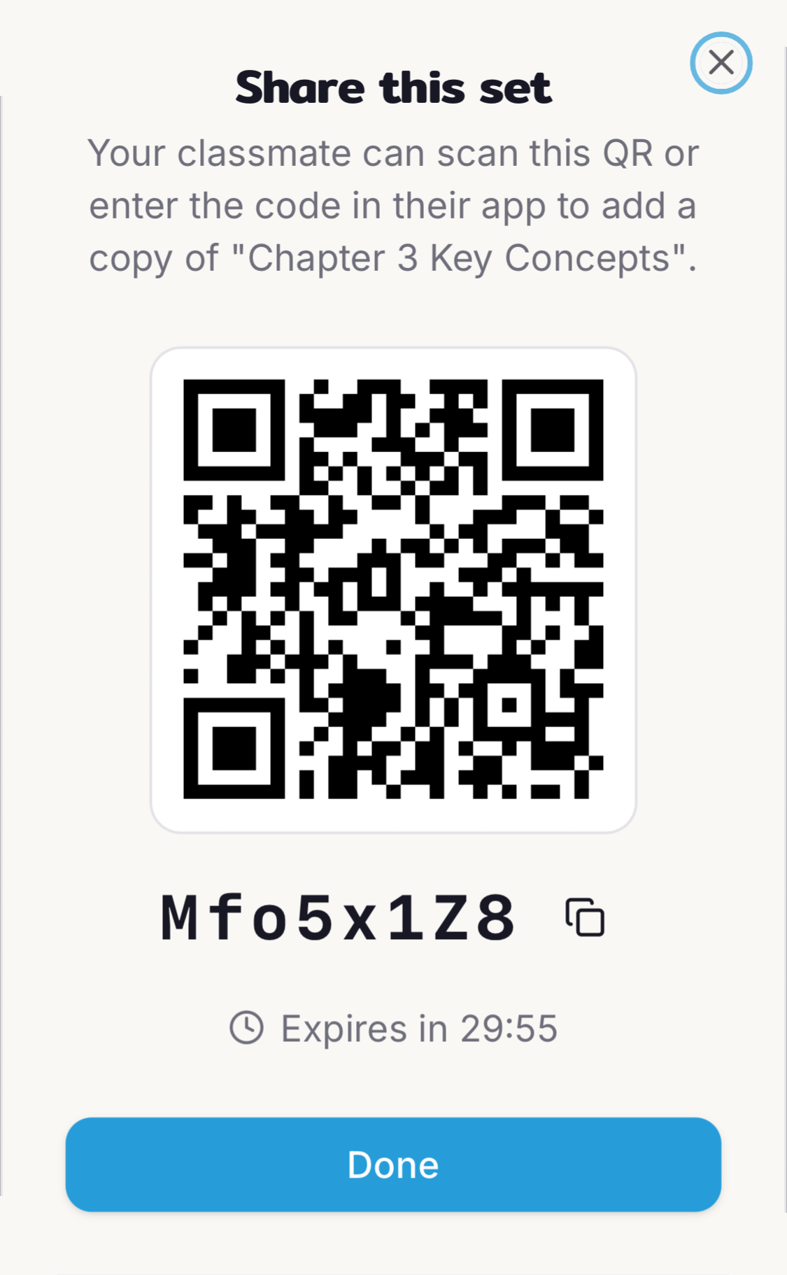 Capri Cards share screen showing QR code and Share Code